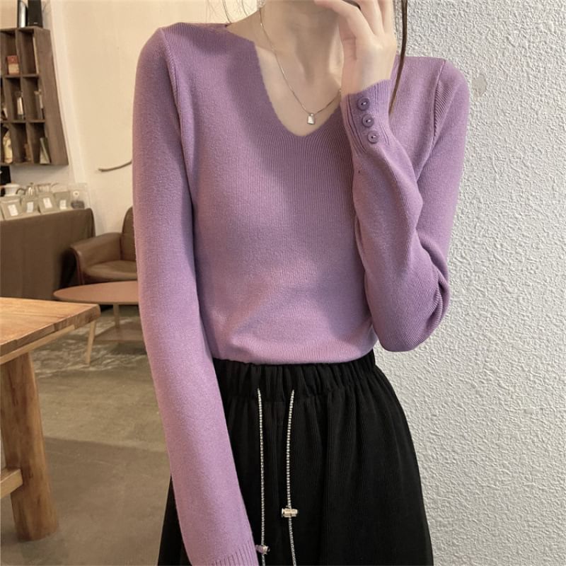 Notch Neck Ribbed Knit Long Sleeve Solid Top