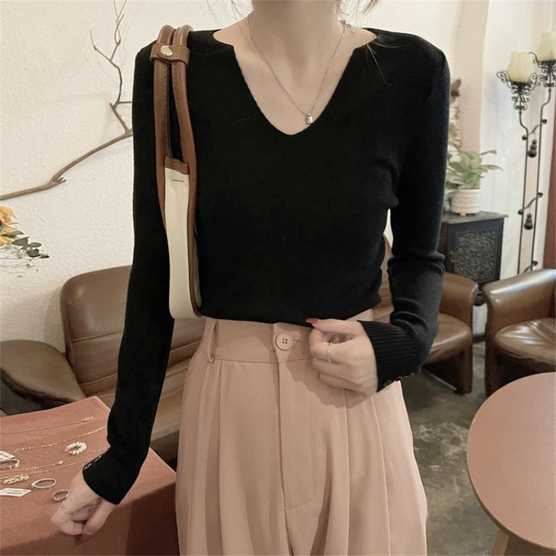 Notch Neck Ribbed Knit Long Sleeve Solid Top