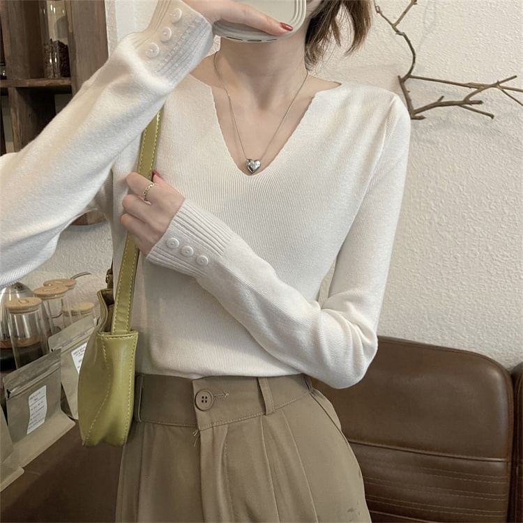 Notch Neck Ribbed Knit Long Sleeve Solid Top