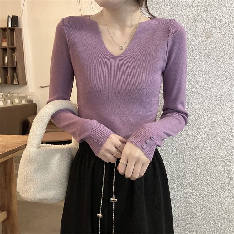 Notch Neck Ribbed Knit Long Sleeve Solid Top