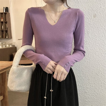 Notch Neck Ribbed Knit Long Sleeve Solid Top