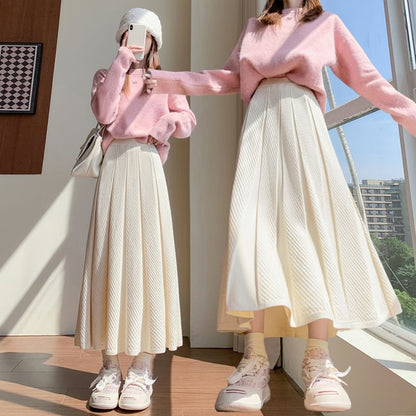 Pleated Midi A-Line Knit Skirt with High Waist