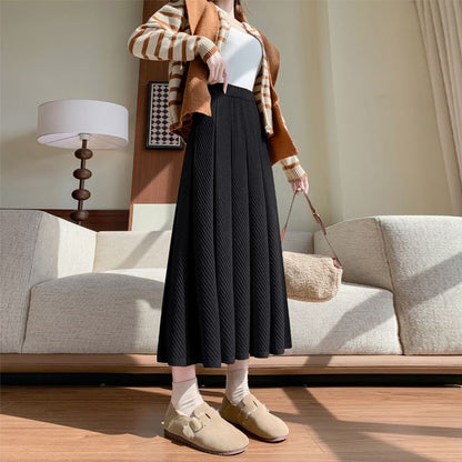 Pleated Midi A-Line Knit Skirt with High Waist