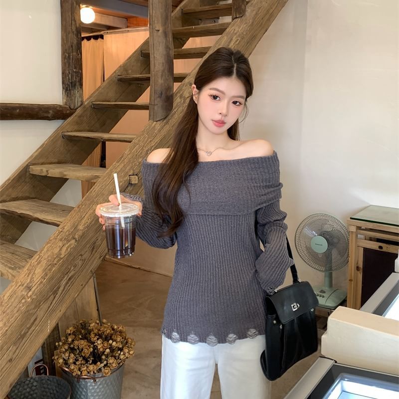 Distressed Ribbed Knit Off Shoulder Long Sleeve Top