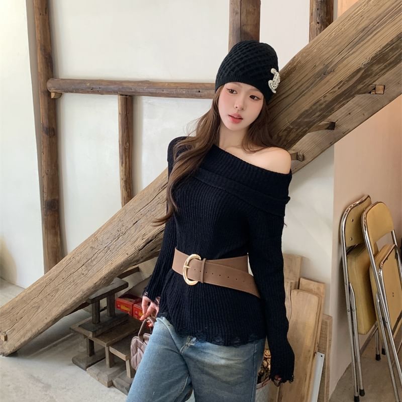 Distressed Ribbed Knit Off Shoulder Long Sleeve Top