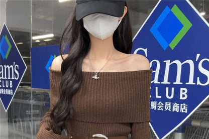 Distressed Ribbed Knit Off Shoulder Long Sleeve Top