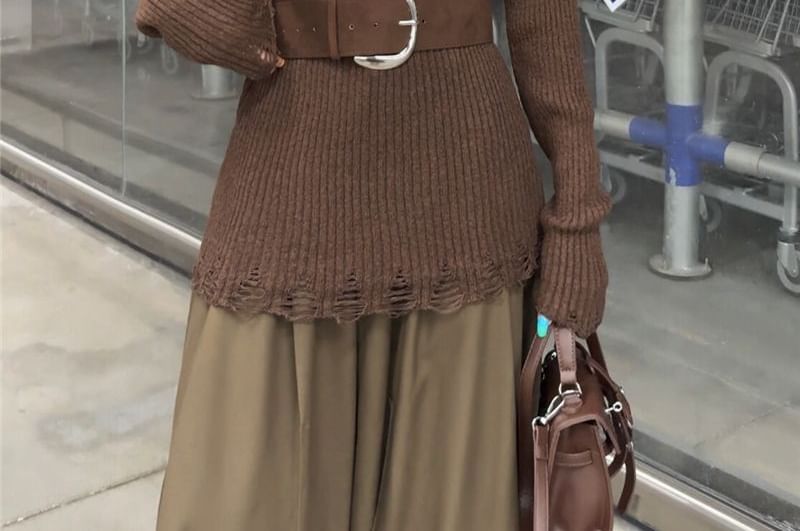 Distressed Ribbed Knit Off Shoulder Long Sleeve Top