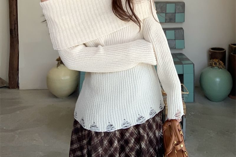 Distressed Ribbed Knit Off Shoulder Long Sleeve Top