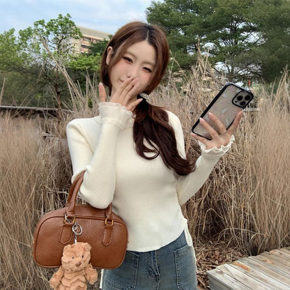 Drawstring Ribbed Knit Crew Neck Long Sleeve Top