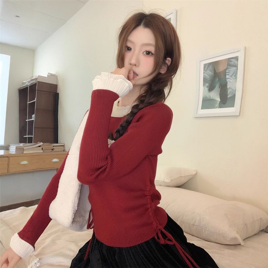 Drawstring Ribbed Knit Crew Neck Long Sleeve Top