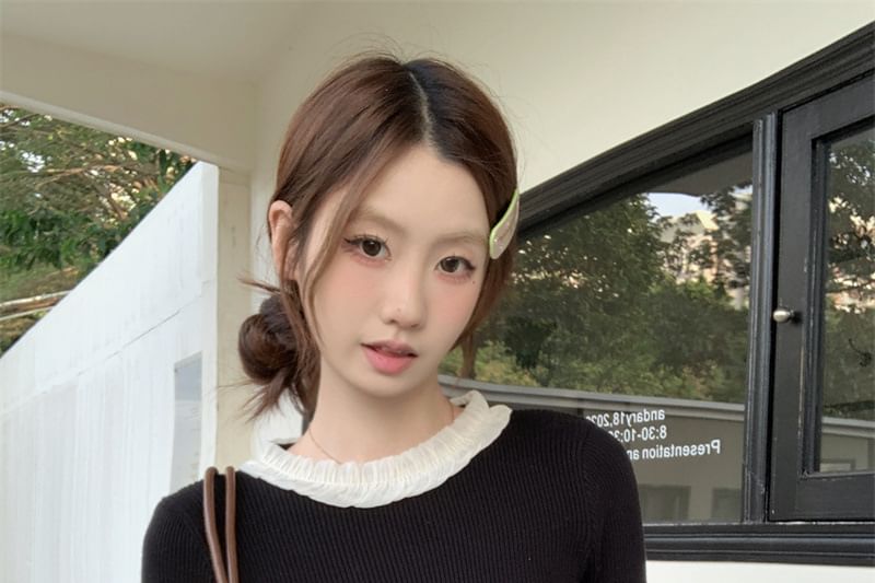 Drawstring Ribbed Knit Crew Neck Long Sleeve Top
