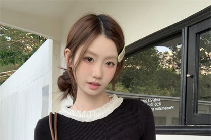 Drawstring Ribbed Knit Crew Neck Long Sleeve Top