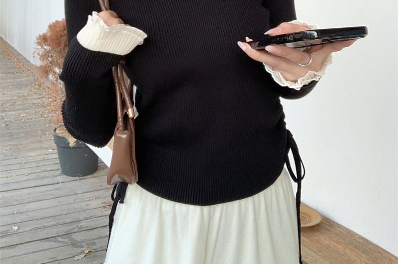 Drawstring Ribbed Knit Crew Neck Long Sleeve Top