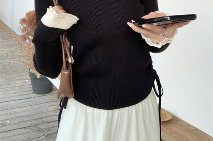 Drawstring Ribbed Knit Crew Neck Long Sleeve Top