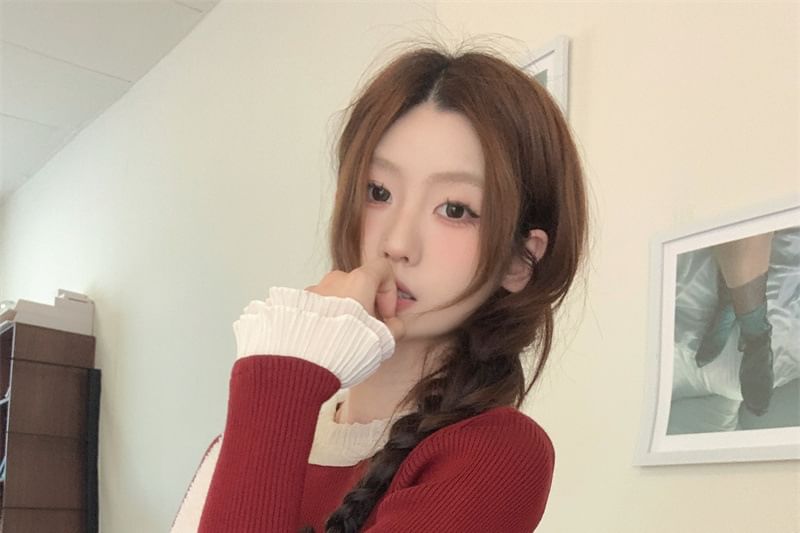 Drawstring Ribbed Knit Crew Neck Long Sleeve Top