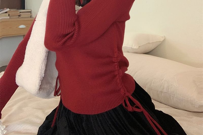 Drawstring Ribbed Knit Crew Neck Long Sleeve Top