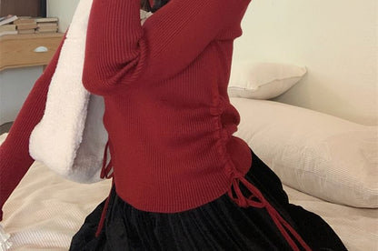 Drawstring Ribbed Knit Crew Neck Long Sleeve Top