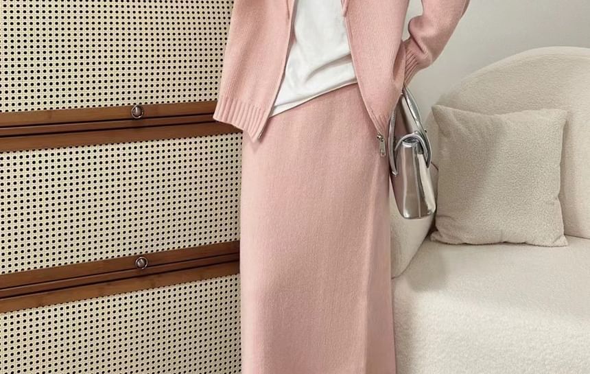 Zip-Up Cardigan + High Waist Maxi Skirt Set