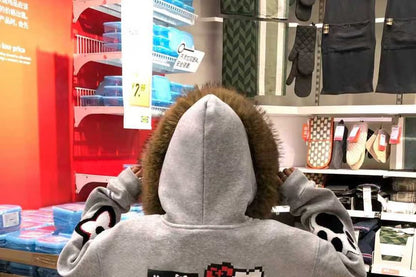 Fluffy Hooded Plain Zip Jacket