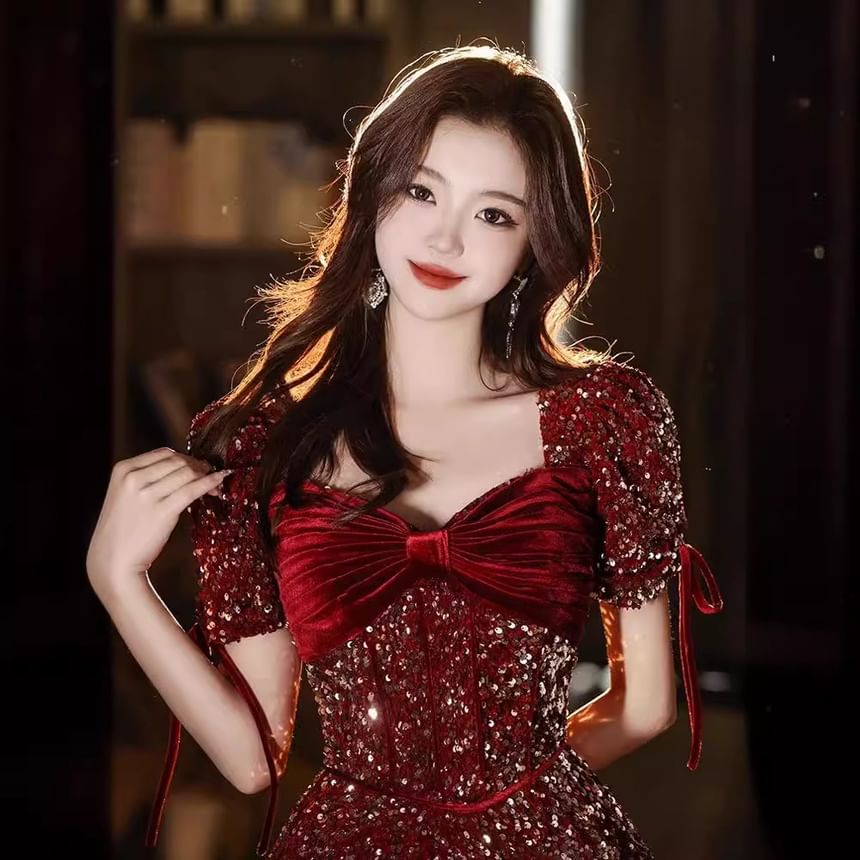 Puff-Sleeve V-Neck Sequin Bow Accent A-Line Evening Gown
