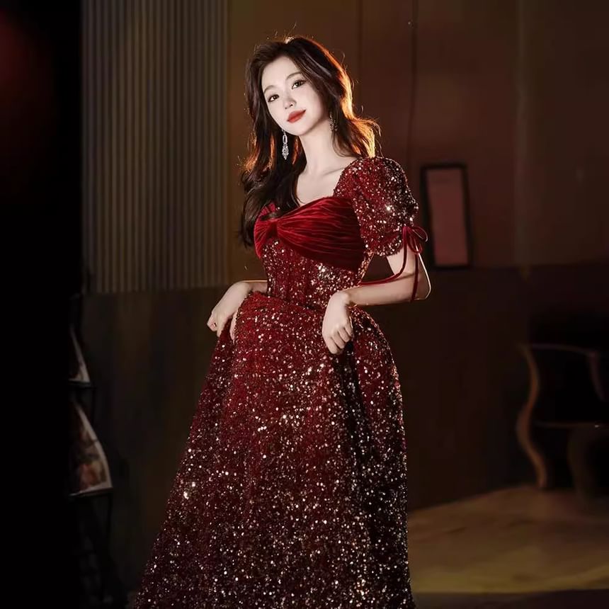 Puff-Sleeve V-Neck Sequin Bow Accent A-Line Evening Gown