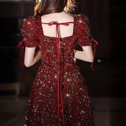 Puff-Sleeve V-Neck Sequin Bow Accent A-Line Evening Gown