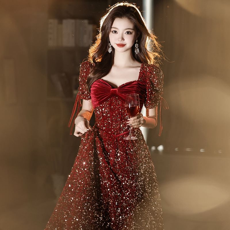 Puff-Sleeve V-Neck Sequin Bow Accent A-Line Evening Gown