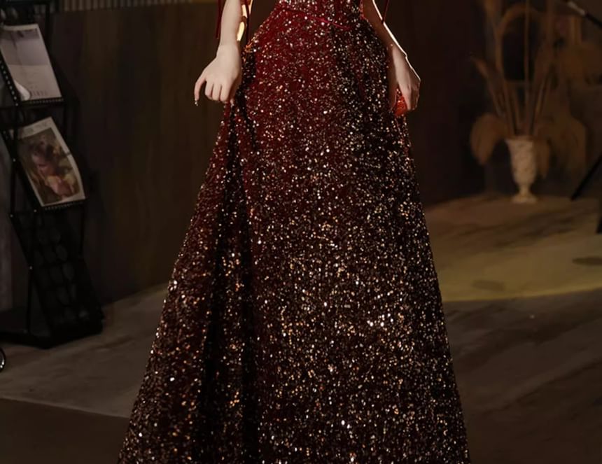 Puff-Sleeve Bow Sequin Accent Evening A-Line V-Neck Gown