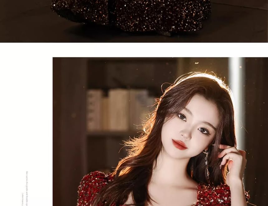 Puff-Sleeve V-Neck Sequin Bow Accent A-Line Evening Gown