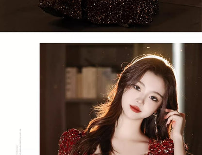 Puff-Sleeve V-Neck Sequin Bow Accent A-Line Evening Gown