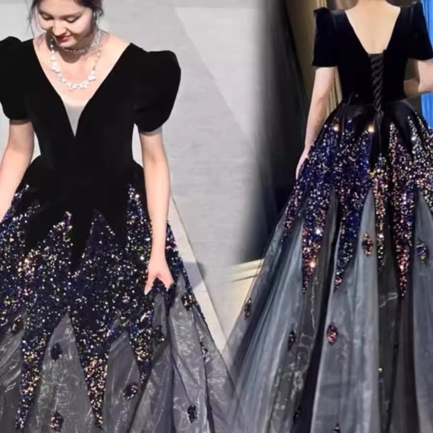 Puff-Sleeve V-Neck Sequin A-Line Evening Gown