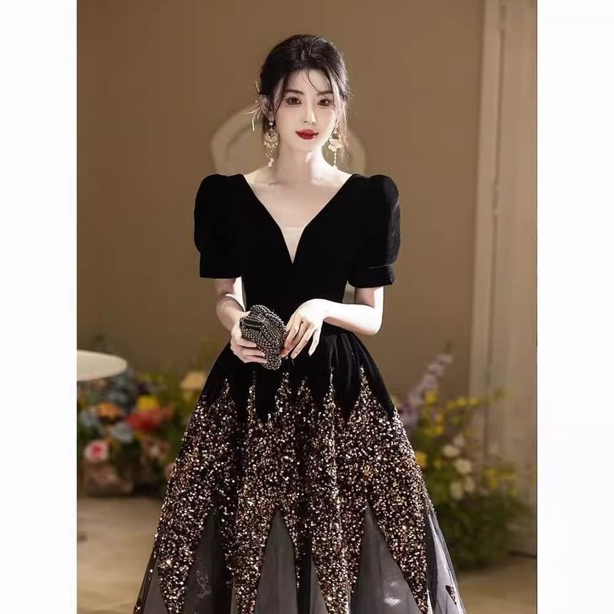Puff-Sleeve V-Neck Sequin A-Line Evening Gown