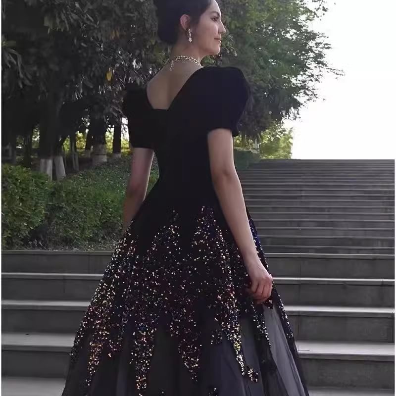 Puff-Sleeve V-Neck Sequin A-Line Evening Gown