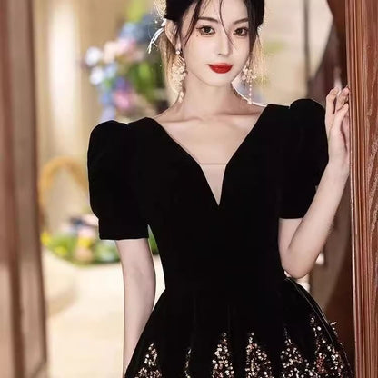 Puff-Sleeve V-Neck Sequin A-Line Evening Gown