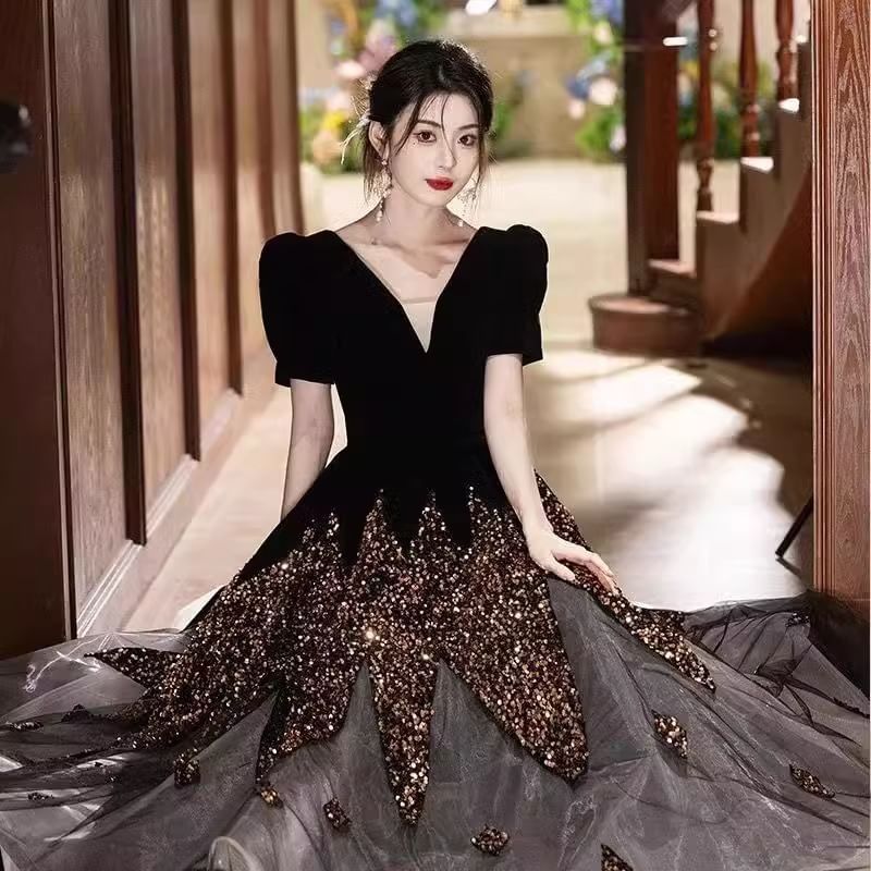 Puff-Sleeve V-Neck Sequin A-Line Evening Gown