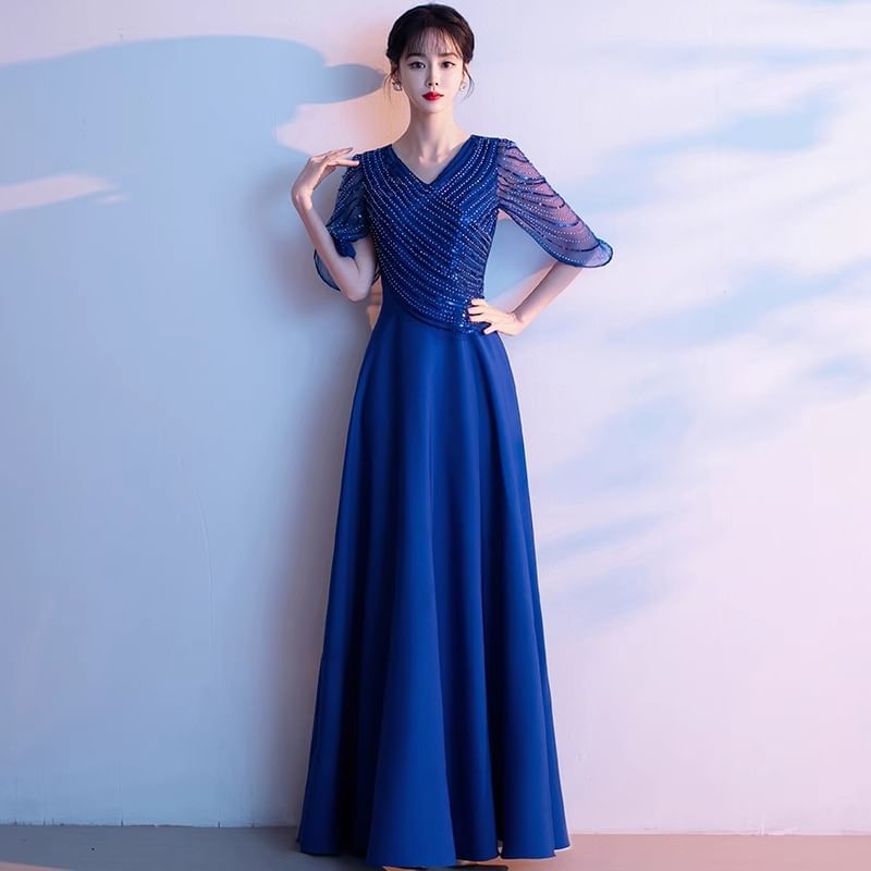 3/4-Sleeve V-Neck Sequin A-Line Evening Gown