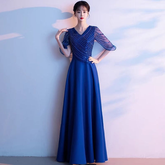3/4-Sleeve V-Neck Sequin A-Line Evening Gown