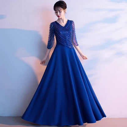 3/4-Sleeve V-Neck Sequin A-Line Evening Gown