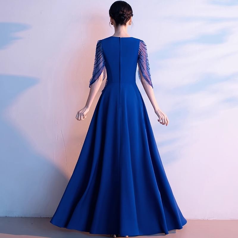3/4-Sleeve V-Neck Sequin A-Line Evening Gown