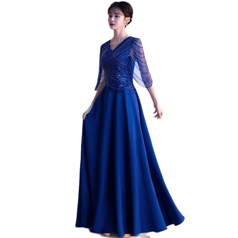 3/4-Sleeve V-Neck Sequin A-Line Evening Gown