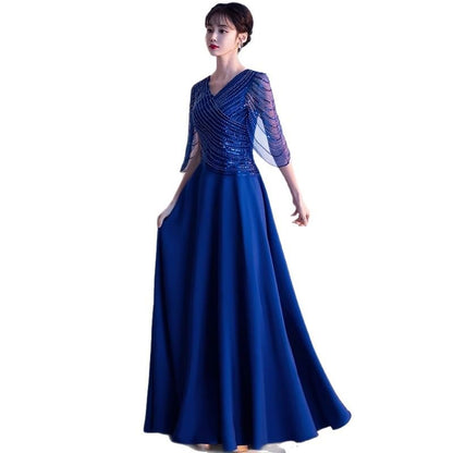 3/4-Sleeve V-Neck Sequin A-Line Evening Gown