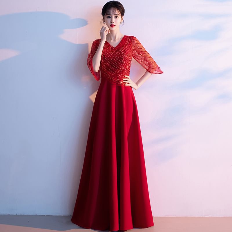 3/4-Sleeve V-Neck Sequin A-Line Evening Gown