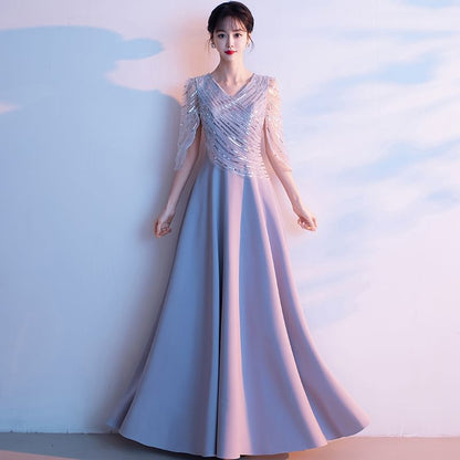 3/4-Sleeve V-Neck Sequin A-Line Evening Gown