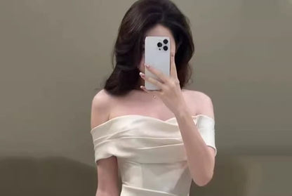 Off-Shoulder Plain Bow Accent Ruched Satin A-Line Wedding Gown