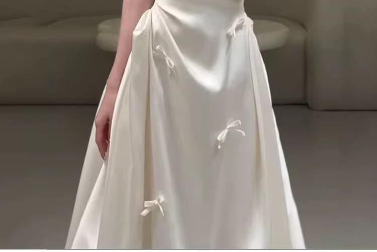 Off-Shoulder Plain Bow Accent Ruched Satin A-Line Wedding Gown