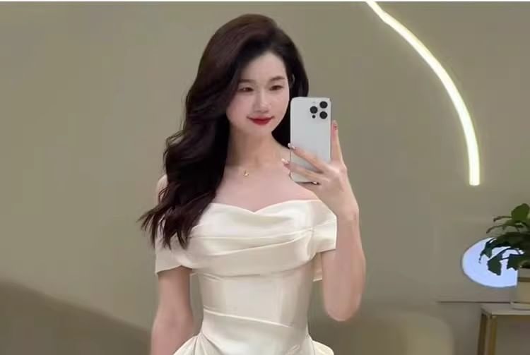 Ruched Accent Satin Plain Off-Shoulder Wedding Bow Gown A-Line