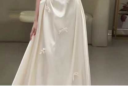 Off-Shoulder Plain Bow Accent Ruched Satin A-Line Wedding Gown
