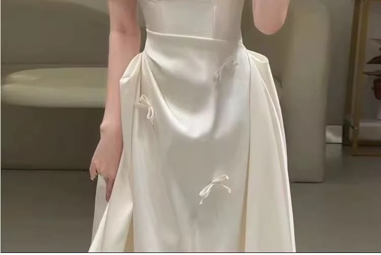Off-Shoulder Plain Bow Accent Ruched Satin A-Line Wedding Gown
