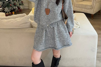Round Neck Zip Cardigan + Knit A-Line Mini Skirt Set