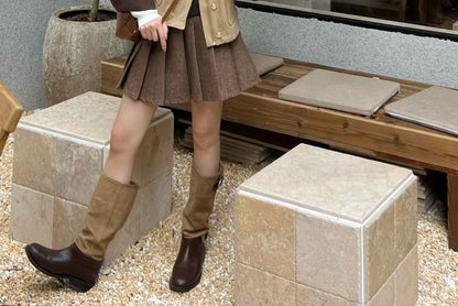 Two Tone Corduroy Barn Jacket + Plaid Pleated A-Line Skirt